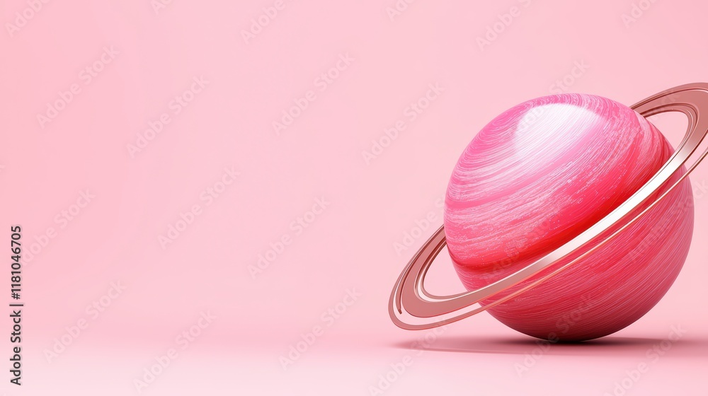 Fototapeta premium Pink Planet with Ring Against Soft Pink Background in 3D Design