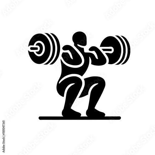 This illustration captures the dynamic movement of a weightlifter performing a clean and jerk. The silhouette is rendered in bold black against a white background