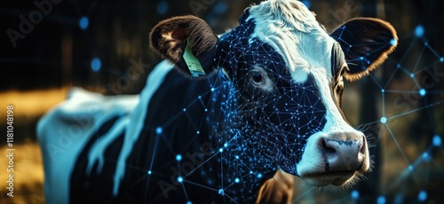 Digital Cow with Network Connections Representing Smart Farming and Agriculture Technology Innovations, copy space for text