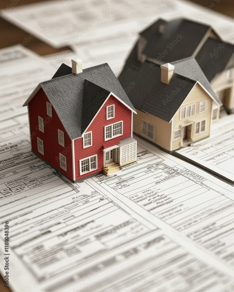 A close-up of miniature houses on top of real estate documents, symbolizing the home buying or selling process. A close-up of miniature houses on top of real estate documents, symbolizing the home buying or selling process.
