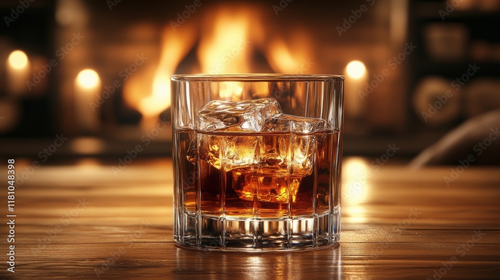 Glass of whiskey with ice cubes on a wooden table, glowing in front of a fireplace. Bootleggers Day Glass of whiskey with ice cubes on a wooden table, glowing in front of a fireplace. Bootleggers Day