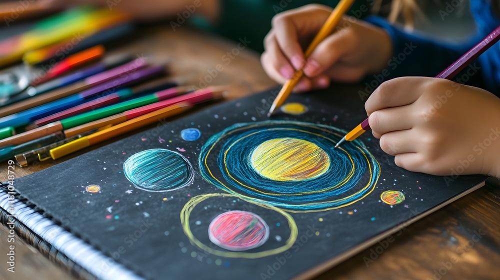 A student drawing solar system diagrams with vibrant colors on a notebook. A student drawing solar system diagrams with vibrant colors on a notebook.