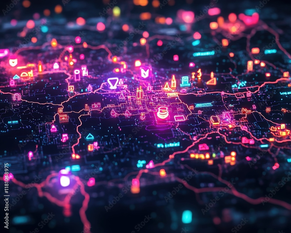 A vibrant, neon-lit digital map with various icons representing locations and features, highlighting a futuristic urban landscape. A vibrant, neon-lit digital map with various icons representing locations and features, highlighting a futuristic urban landscape.