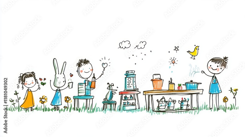 Fototapeta premium Whimsical Illustration of Children and Animals Cooking Together in a Bright and Cheerful Outdoor Setting