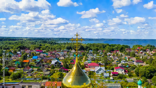 Pereslavl-Zalessky, Russia. Watercolor illustration. St. Nicholas Pereslavsky Monastery. Cloudy weather, summer, Aerial View photo