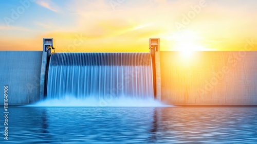 Majestic Waterfall at Dam with Sunset Reflection on Calm Water