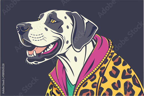 Portrait of a smiling dog, Great Dane, wearing leopard print jacket, studio lighting, dark background, high contrast, professional photography, detailed fur texture, expressive eyes, vibrant colors, f