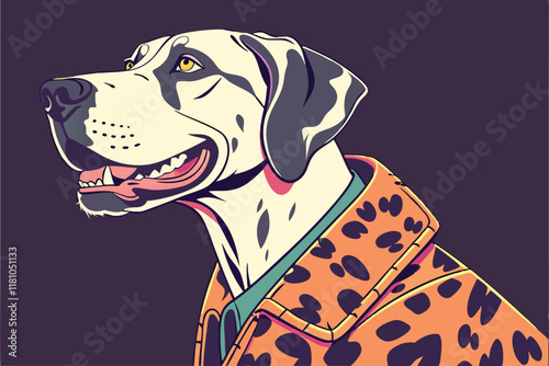 Portrait of a smiling dog, Great Dane, wearing leopard print jacket, studio lighting, dark background, high contrast, professional photography, detailed fur texture, expressive eyes, vibrant colors, f