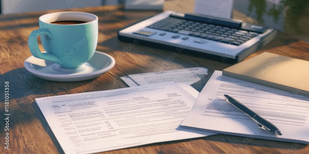 Obraz premium Tax time essentials organized documents and coffee setup for filing at home cozy workspace focused atmosphere