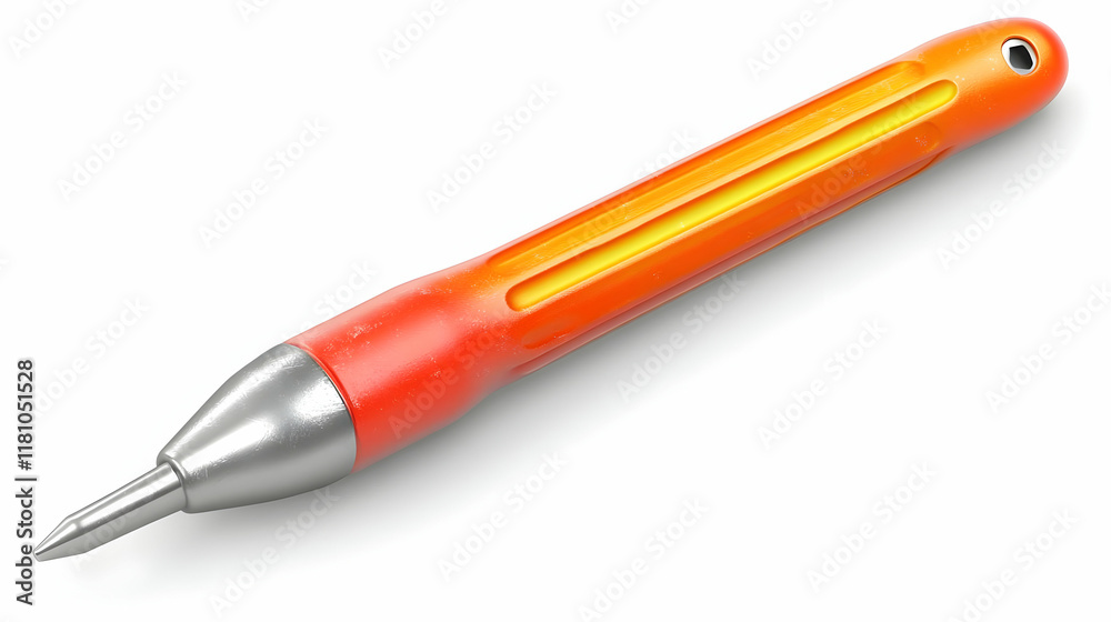Orange and Yellow Hand Tool with Metal Tip Resembles a Specialized Screwdriver on White Background Orange and Yellow Hand Tool with Metal Tip Resembles a Specialized Screwdriver on White Background