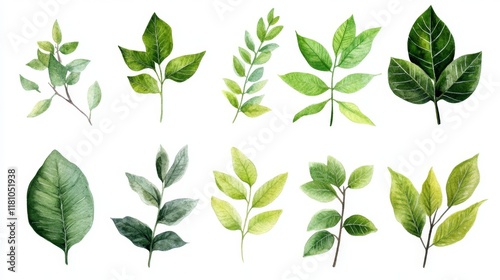 Watercolor Collection of Various Green Leaves and Foliage Elements