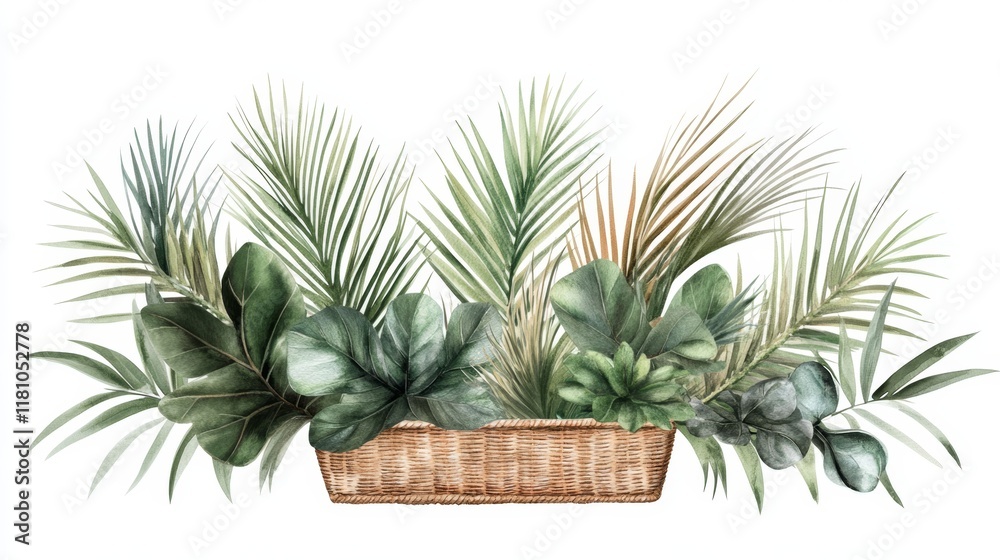 Fototapeta premium Lush Greenery Arrangement in Woven Basket with Tropical Leaves