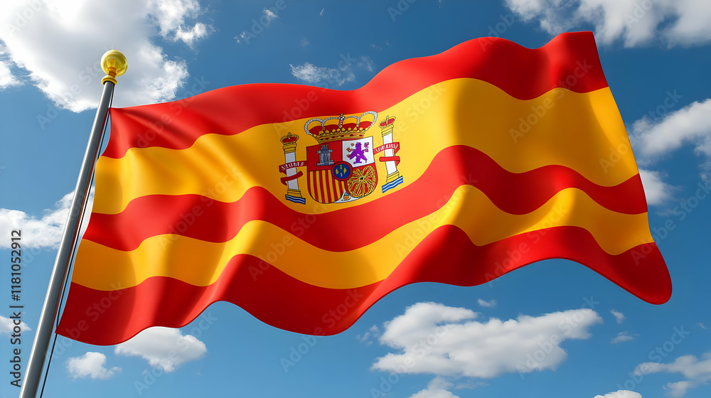 Spanish Flag Waves Proudly Against a Blue Sky with Fluffy White Clouds Spanish Flag Waves Proudly Against a Blue Sky with Fluffy White Clouds
