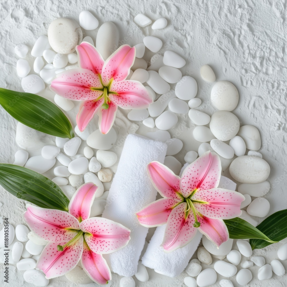 Spa arrangement with pink lilies, white pebbles, and towels for relaxation and tranquility, copy space for text Spa arrangement with pink lilies, white pebbles, and towels for relaxation and tranquility, copy space for text