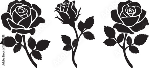 Rose silhouettes vector illustration. Black buds and stems of roses stencils isolated on white background