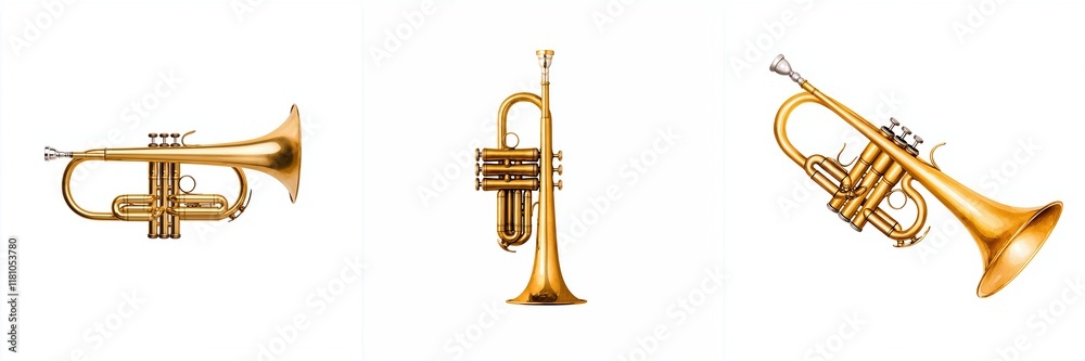 Fototapeta premium Civil War rebellion concept. Three golden trumpets displayed in a row against a white background.