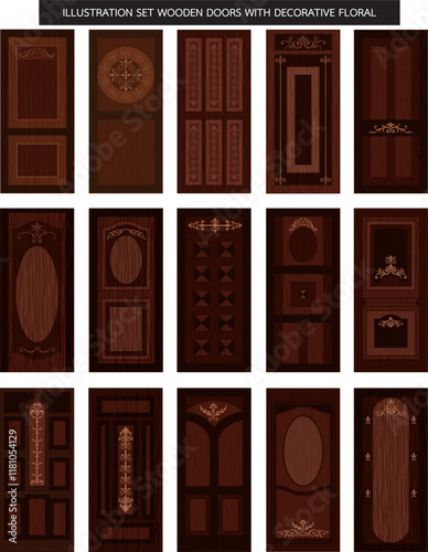 illustration set wooden door design with floral, wood, wooden, doors, wooden doors
