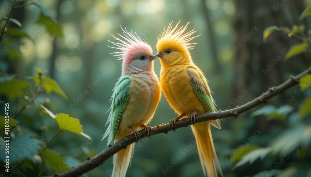 Obraz premium Two Colorful Birds Perched on Branch Sharing Affectionate Moment
