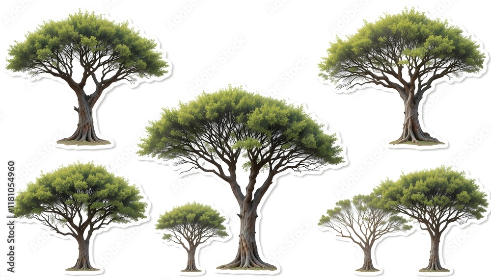 Fototapeta premium Collection of Isolated African Acacia Trees with Cutout Path for Design and Creative Use