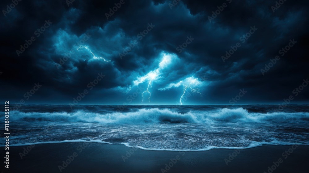 Naklejka premium Dramatic Thunderstorms Over Ocean Waves with Vivid Lightning Strikes Under Darkened Sky at Night