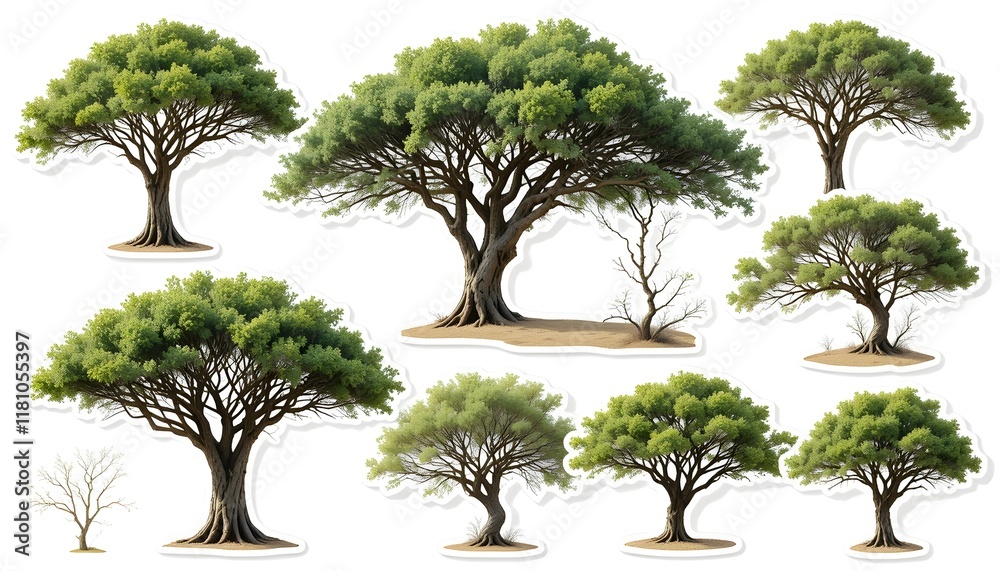 Fototapeta premium Collection of Isolated African Acacia Trees with Cutout Path for Design and Creative Use