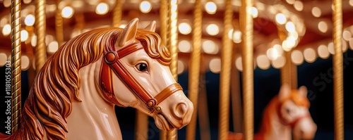 Valentine romance idea. Close-up of a vintage carousel horse with bright lights in a funfair setting.