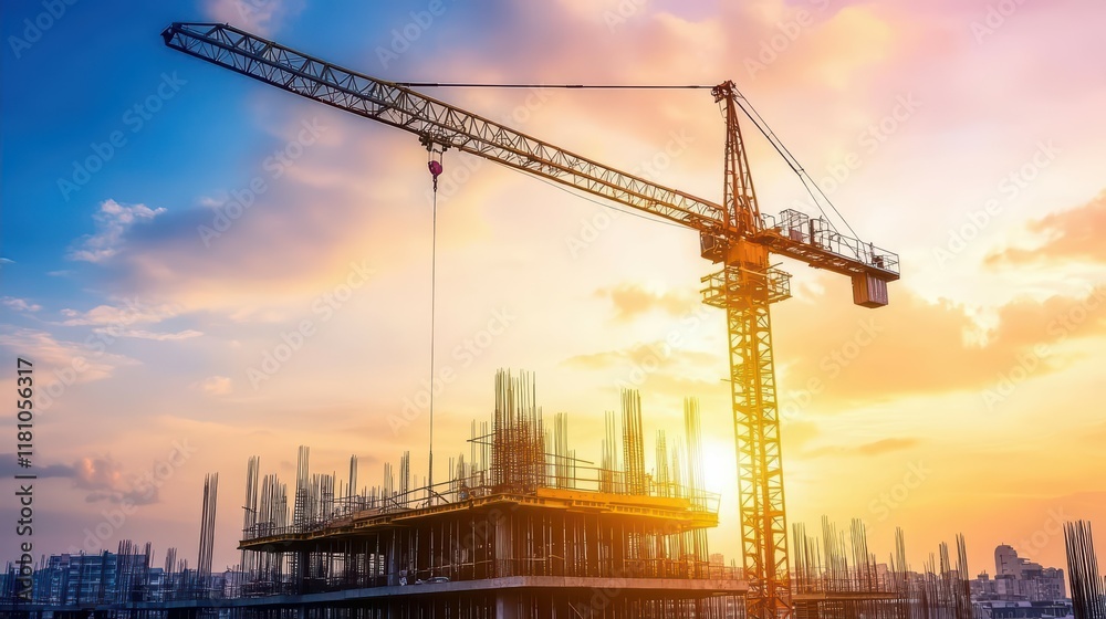 Construction site at sunset with a crane and building framework. Construction site at sunset with a crane and building framework.