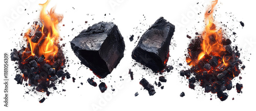 Set of burning charcoal and glowing embers isolated