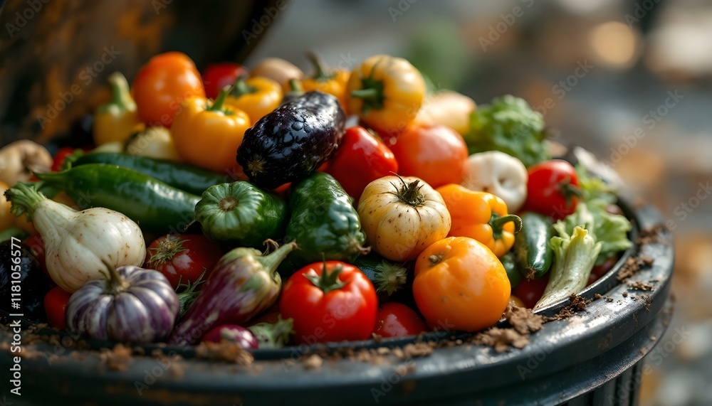 A container packed with a variety of fruits and vegetables, highlighting the challenge of food waste A container packed with a variety of fruits and vegetables, highlighting the challenge of food waste