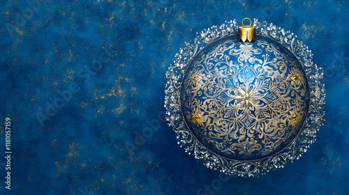 3D Illustration of Christmas Ball Icon with Holiday Decorations on Blue Background. photo