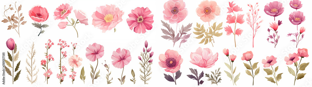 watercolor bundle set of pink flowers with green leaves, with various types of roses, daisies, etc. which are beautiful and pretty, easy to use with a white background watercolor bundle set of pink flowers with green leaves, with various types of roses, daisies, etc. which are beautiful and pretty, easy to use with a white background