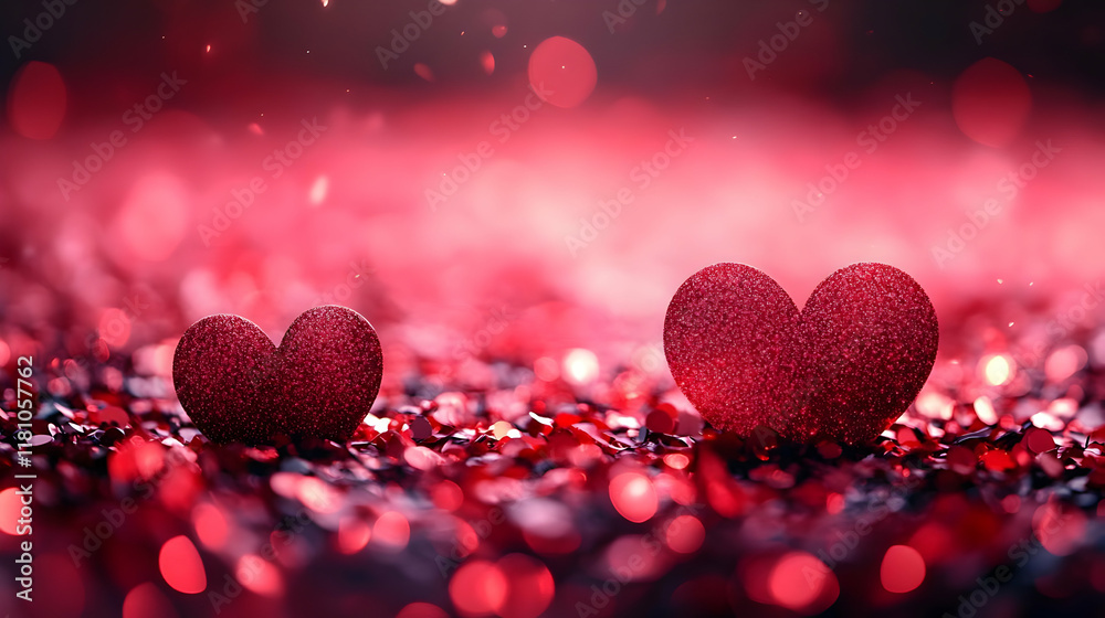 Two Glittery Hearts Rest on a Bed of Red Confetti, Creating a Romantic Valentine's Day Scene. Two Glittery Hearts Rest on a Bed of Red Confetti, Creating a Romantic Valentine's Day Scene.