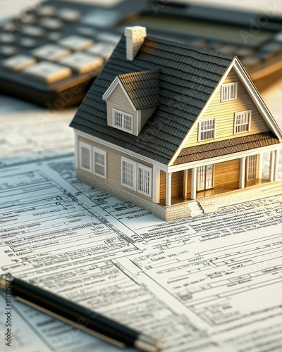 A miniature house sits on real estate documents next to a calculator and pen, symbolizing home buying and financial planning.