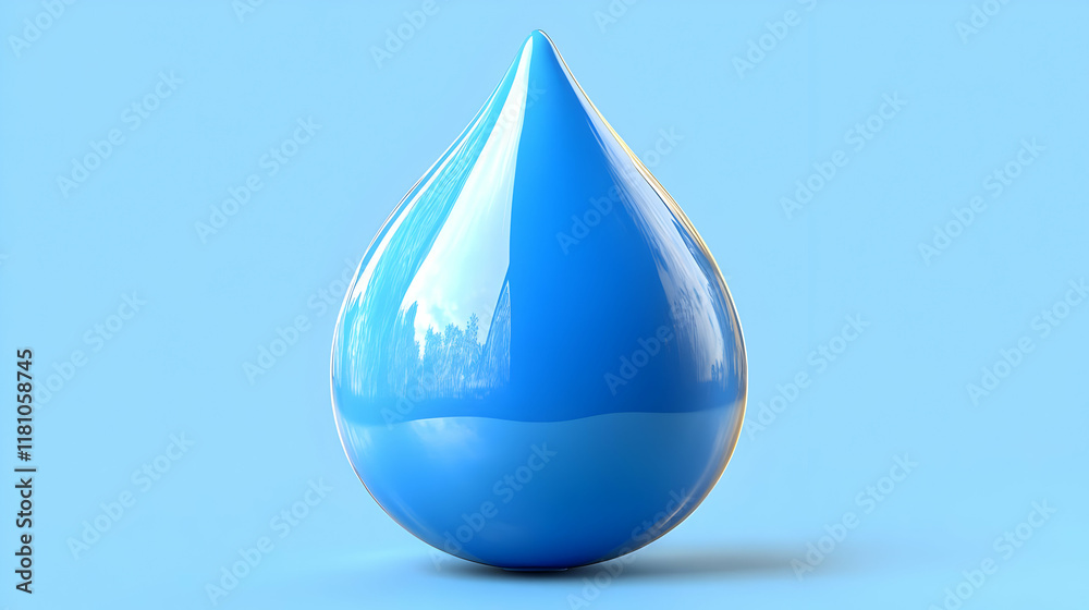 A Single Blue Water Droplet Reflects the Sky Serenely on a Pale Blue Background A Single Blue Water Droplet Reflects the Sky Serenely on a Pale Blue Background