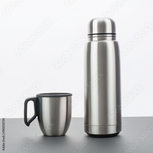 stainless steel thermos flask with mug on table on white background