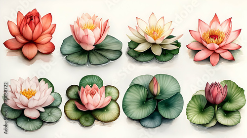 Wallpaper Mural Watercolor Lotus Flowers Bloom Beautifully on Lily Pads in Tranquil Water Torontodigital.ca