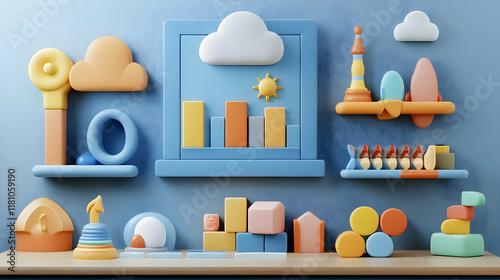 3D Illustration of Playful Shapes and Objects Arranged on Shelves and a Table, with a Blue Background. photo