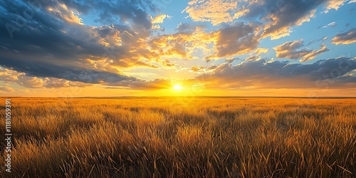 Vast grassland with golden sunset and cloudy sky