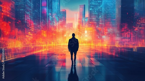 Silhouetted Figure Walks Toward Futuristic Cityscape of Illuminated Paths  photo