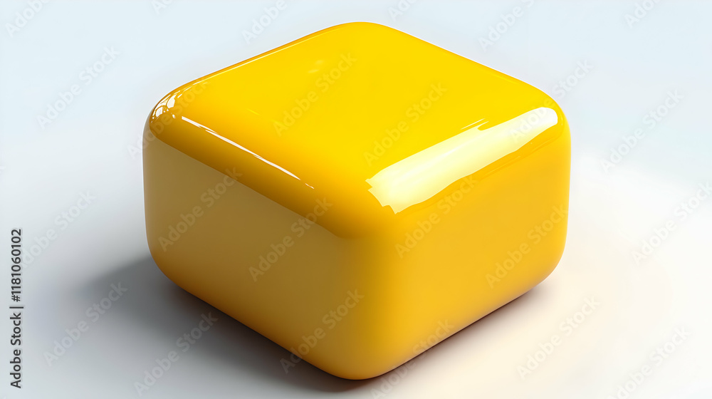 A 3D Shiny Yellow Cube Sits on a White Background with Rounded Edges.
