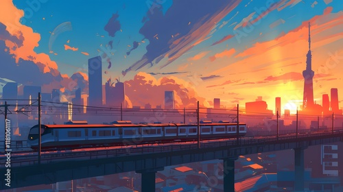 Cityscape with a train departing at sunset, in an anime-style illustration full of movement and color