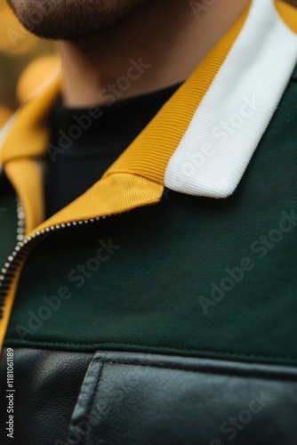 Stylish fashion design featuring green jacket with yellow and white collars photo