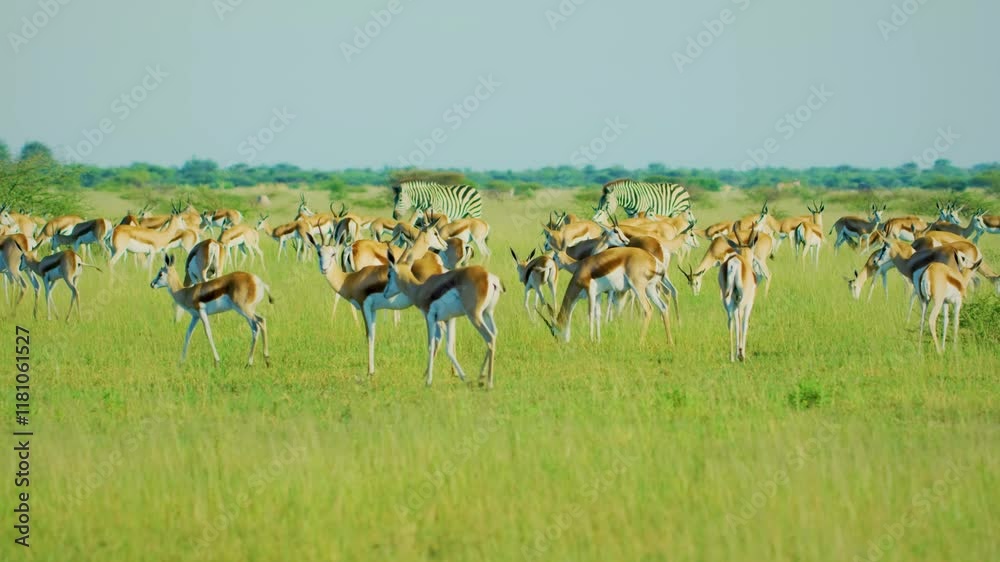 A herd of Zebras and Springboks antelopes Grazing together in Savanah. A herd of Zebras and Springboks antelopes Grazing together in Savanah.