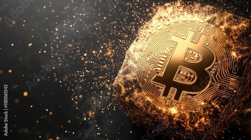 Golden Bitcoin Cube Sparkling with Gold Dust and Light Effects photo