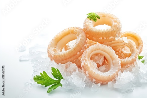 Fresh Frozen Seafood Rings on Ice with Green Parsley Garnish photo