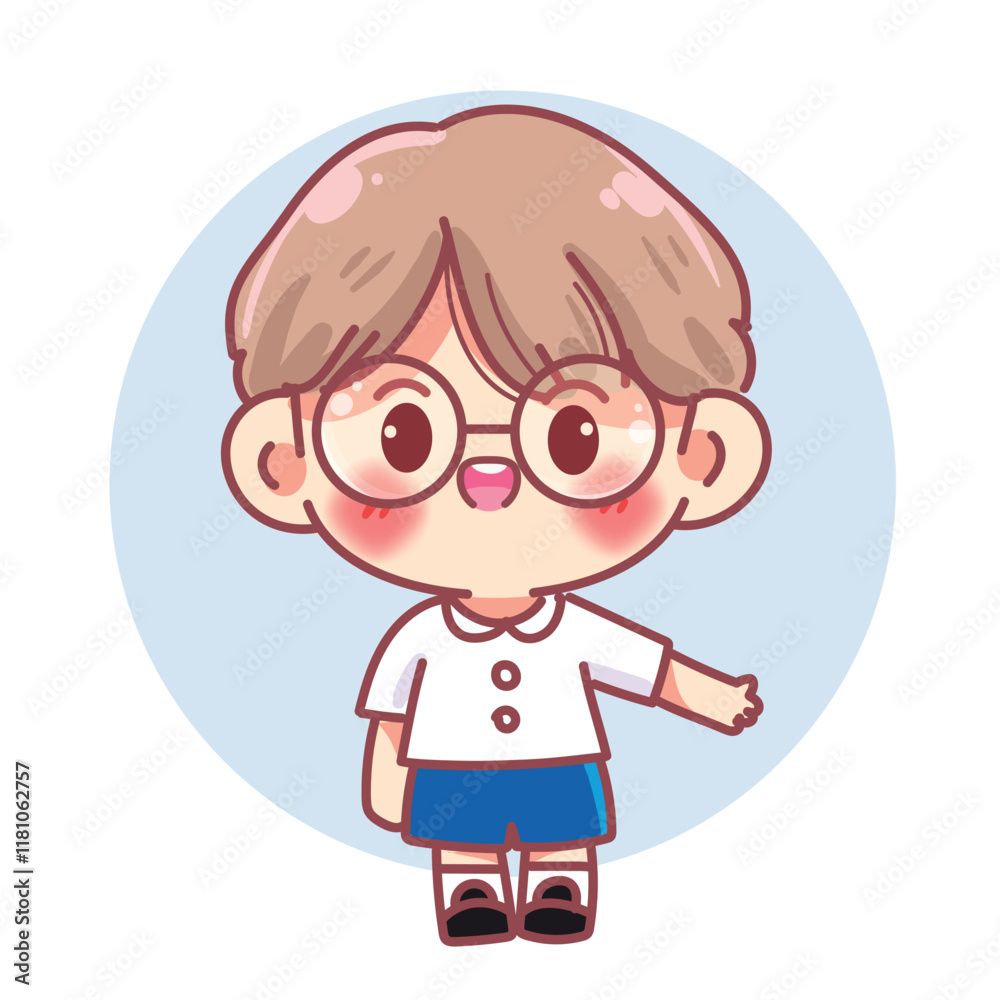 Boy in a school uniform waving and welcoming character cartoon Vector Boy in a school uniform waving and welcoming character cartoon Vector