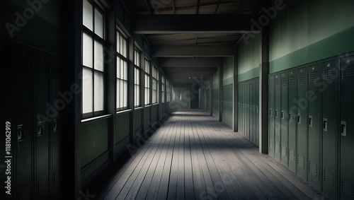 Empty corridor of old school in Japan