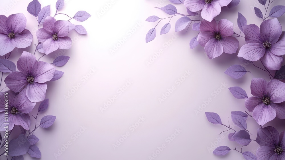 Fototapeta premium Lavender paper flowers and leaves border on light purple background.