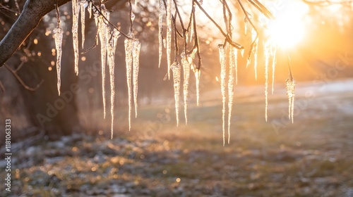 A photo of a sunrise over a frosty meadow with glistening icicles hanging from branches photo