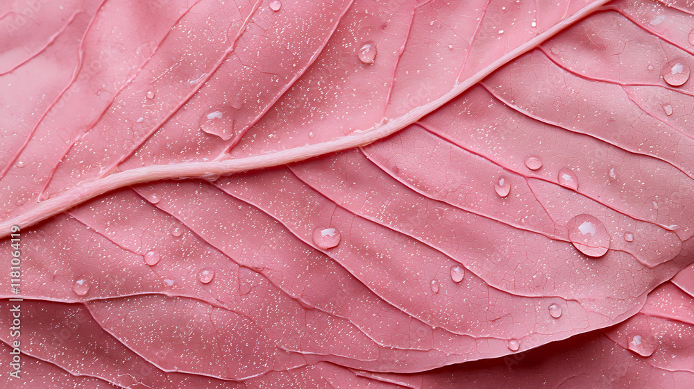 Fototapeta premium close up of pink leaf with water droplets on its surface, showcasing intricate textures and details